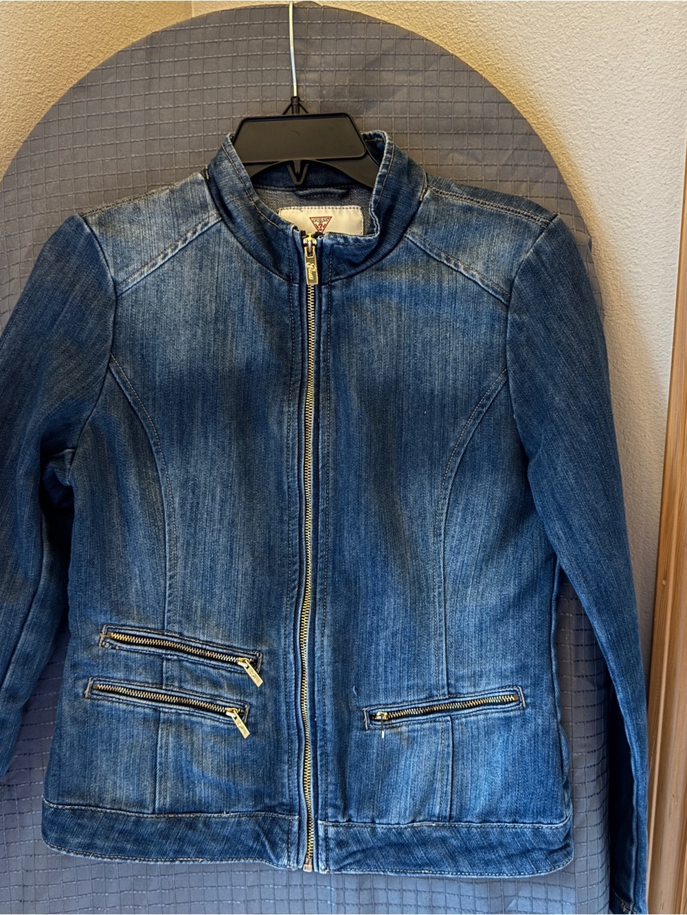 Guess Women's Dark Indigo Denim Jacket with Zip Pockets